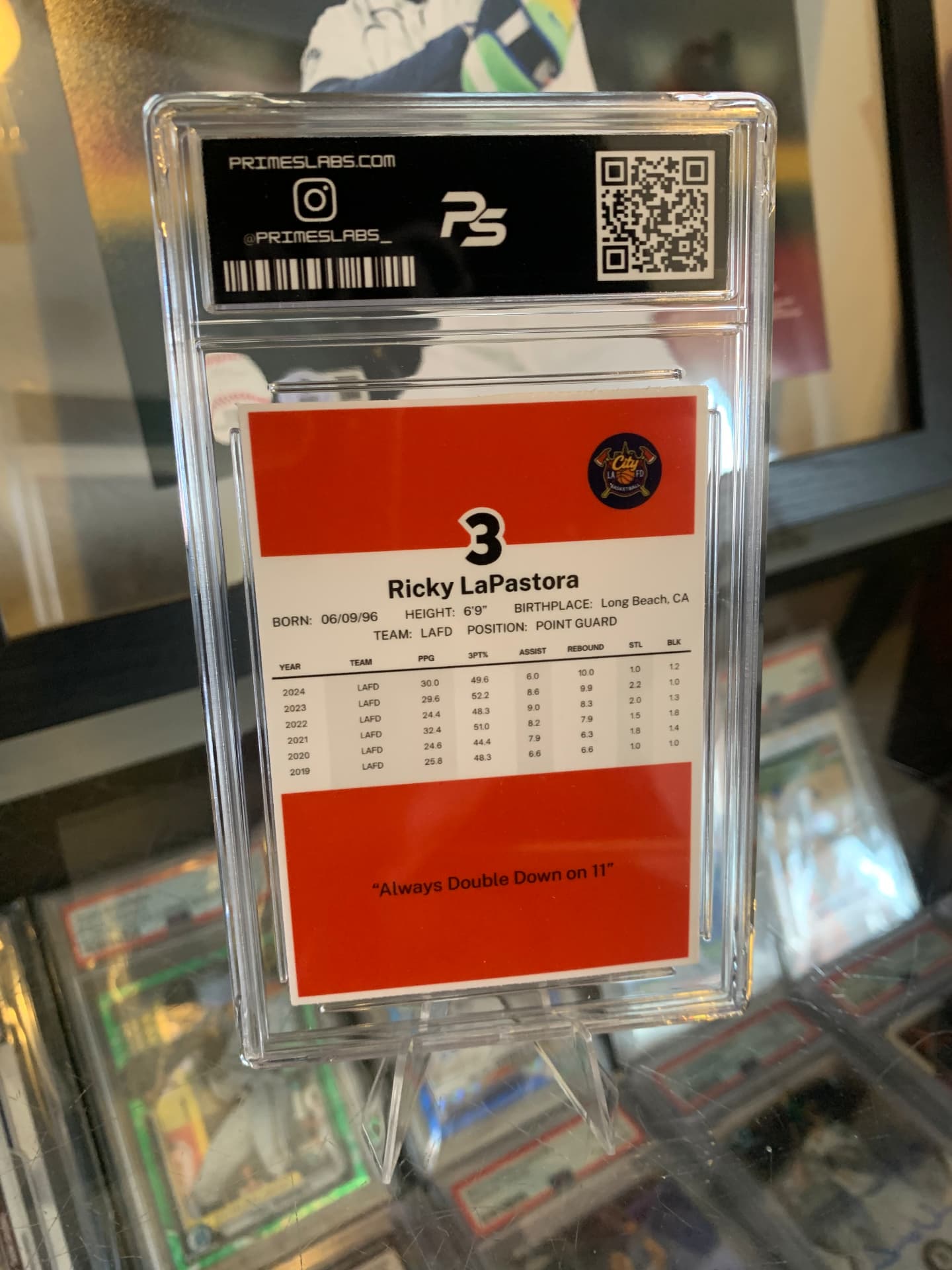 Back of a Prime Slabs custom slab with player stats