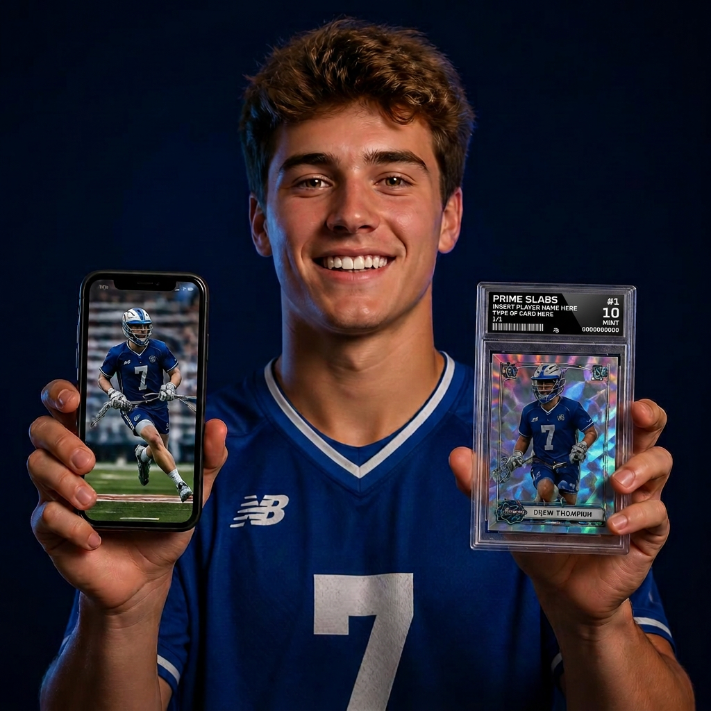 Young athlete holding a phone photo and his custom Prime Slabs holographic card
